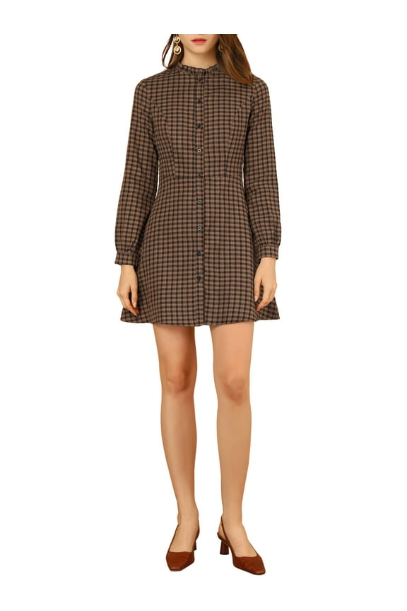 Junior's Check Ruffle Neck Long Sleeve Button A-Line Dress XS Brown
