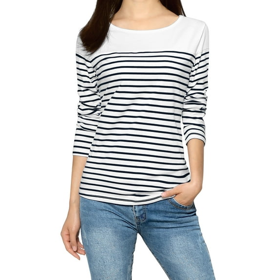 MODA NOVA Junior's Color Block Long Sleeve Striped T-Shirt Dark Blue L