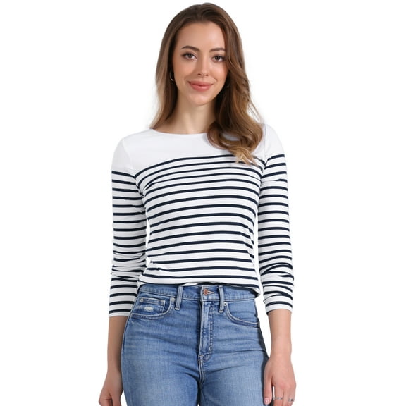 MODA NOVA Junior's Round Neck Contrast Color Long Sleeve Striped T-Shirt S Dark Blue