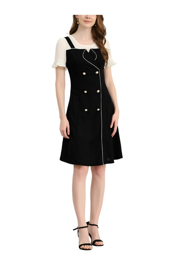 Junior's Contrast Chiffon Short Sleeve Button Decor Dress