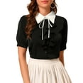 thumbnail image 1 of MODA NOVA Junior's Contrast Collar Tie Ruffle Button Short Sleeve Work Shirt Black S, 1 of 6