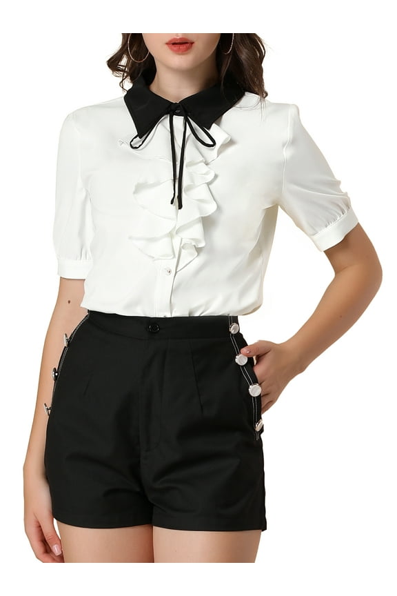 Junior's Contrast Collar Tie Ruffle Button Short Sleeve Work Shirt White XL