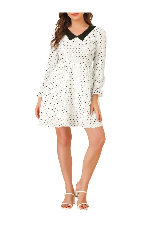 Junior's Contrast Collared Puff Sleeve Heart Printed Flare Mini Dress