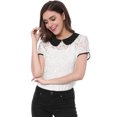 thumbnail image 1 of MODA NOVA Junior's Contrast Doll Collar Short Sleeve Tops Sheer Lace Top White M, 1 of 7