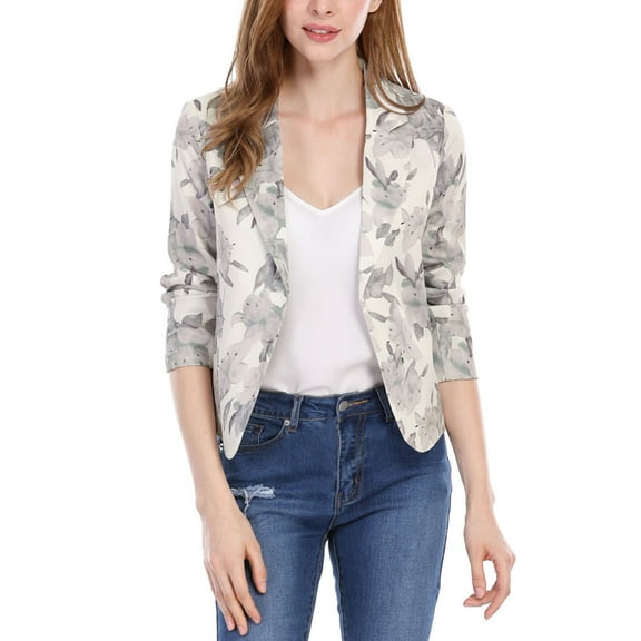 MODA NOVA Junior's Contrast Lining Open Front Floral Print Blazer Beige L