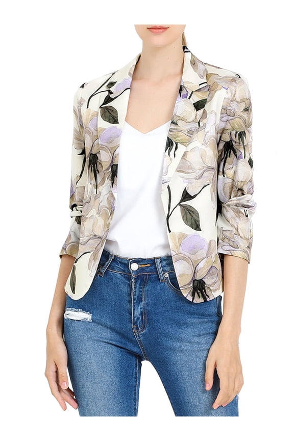 Junior's Contrast Lining Open Front Floral Print Blazer Beige Purple S
