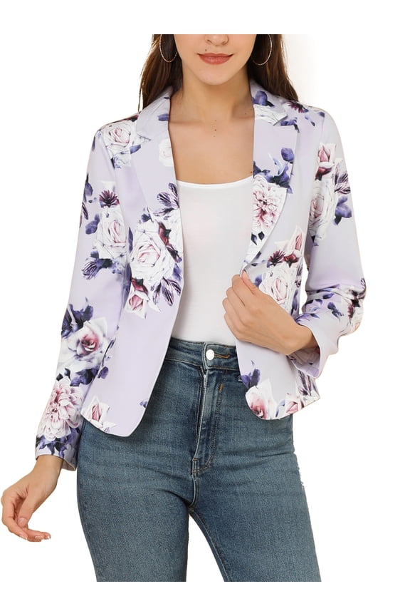 Junior's Contrast Lining Open Front Floral Print Blazer Purple L