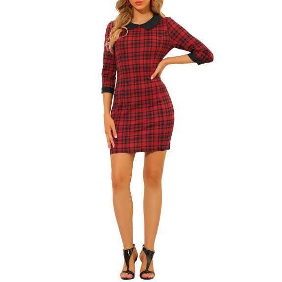 MODA NOVA Junior's Contrast Peter Pan Collar Keyhole Back Plaid Bodycon Dresses