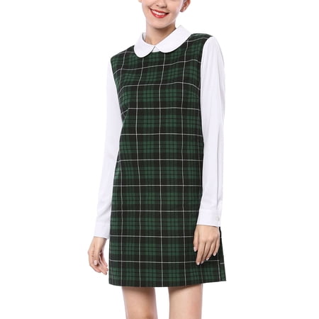 MODA NOVA Junior's Contrast Peter Pan Collar Long Sleeve Check Shift Dress