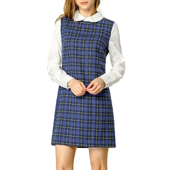 MODA NOVA Junior's Contrast Peter Pan Collar Long Sleeve Check Shift Dress