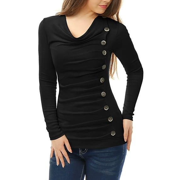MODA NOVA Junior's Cowl Neck Long Sleeves Buttons Decor Ruched Top