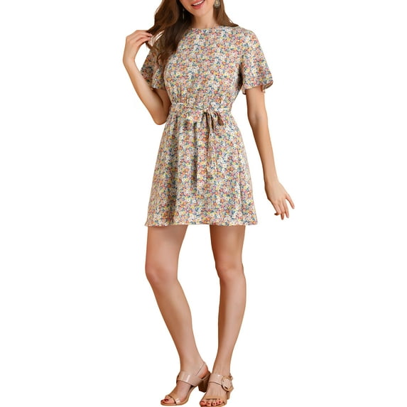 MODA NOVA Junior's Crew Neck Short Sleeve Elastic Tie Waist Floral Dress