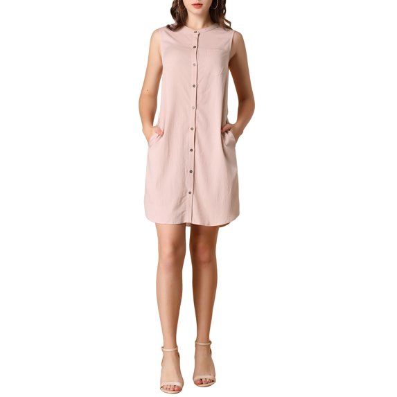 MODA NOVA Junior's Denim Button Up Sleeveless Tunic Dress with Pockets Pink XL