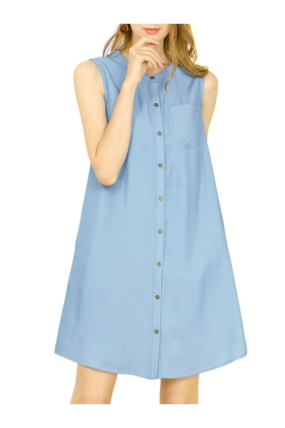 Junior's Denim Button Up Sleeveless Tunic Dress with Pockets
