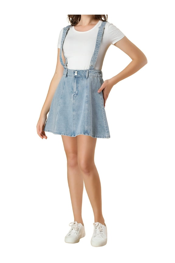 Junior's Denim Mini Skirts Button Front Casual Suspender Skirt Blue 7