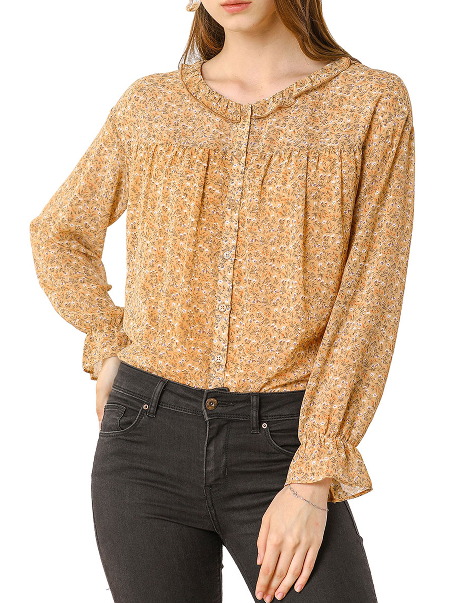 MODA NOVA Junior's Ditsy Floral Button up Long Sleeve Blouse Yellow XS - image 1 of 5