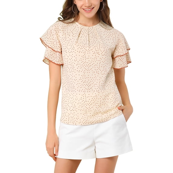 MODA NOVA Junior's Dots Print Keyhole Back Ruffle Short Sleeves Blouse Top Beige S