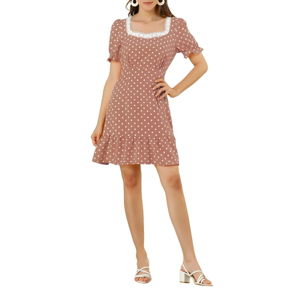 MODA NOVA Junior's Dots Print Square Neck Short Sleeve Ruffle Hem a Line Dress