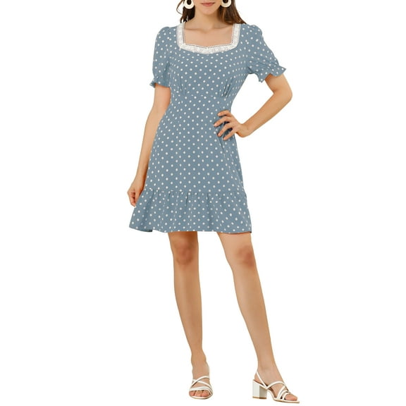 MODA NOVA Junior's Dots Print Square Neck Short Sleeve Ruffle Hem a Line Dress