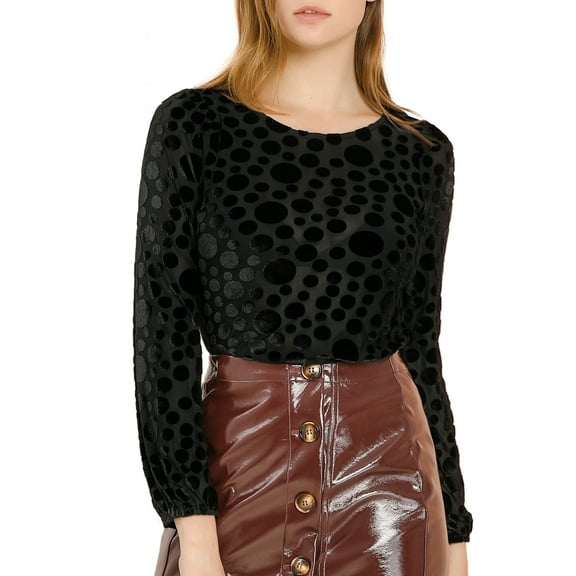 MODA NOVA Junior's Dots Velvet Burn-Out Long Puff Sleeve Blouse