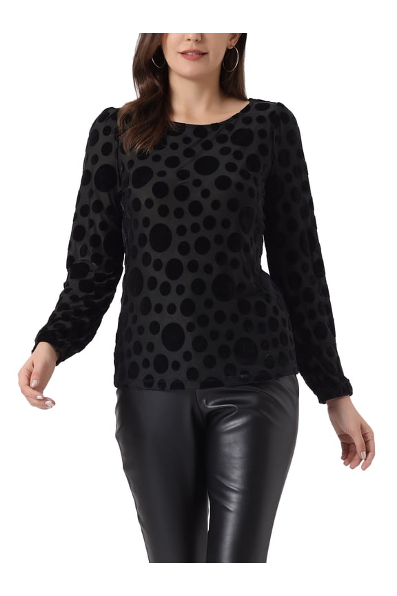 Junior's Dots Velvet Burn-Out Long Puff Sleeve Blouse