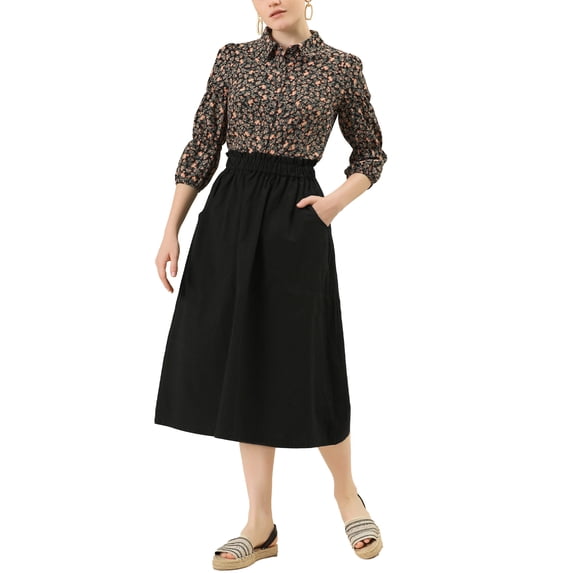 MODA NOVA Junior's Elastic Waist Ruffle A-Line Midi Skirt with Pockets Black 11