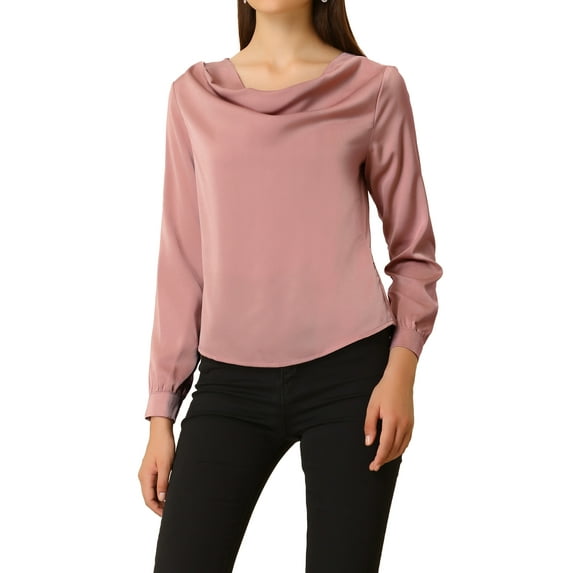 MODA NOVA Junior's Elegant Long Sleeve Satin Cowl Neck Top Blouse Pink XL