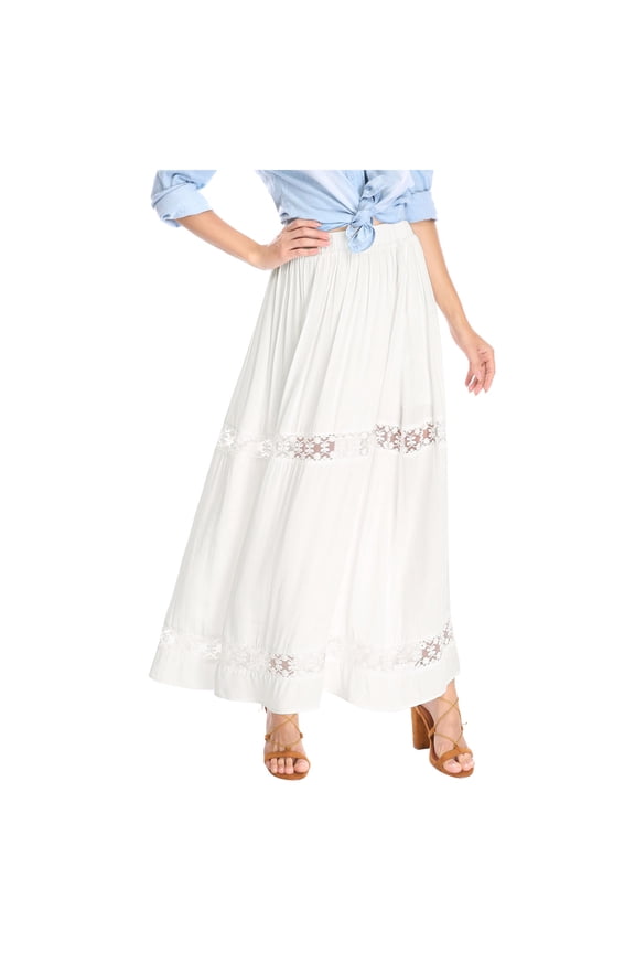 Junior's Fabric Lace Insert Swing Elastic Waist Maxi Skirt Cream White L