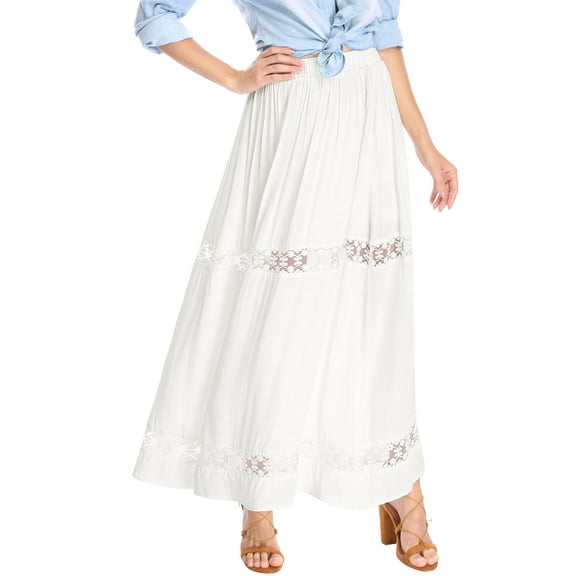 MODA NOVA Junior's Fabric Lace Insert Swing Elastic Waist Maxi Skirt Cream White XS
