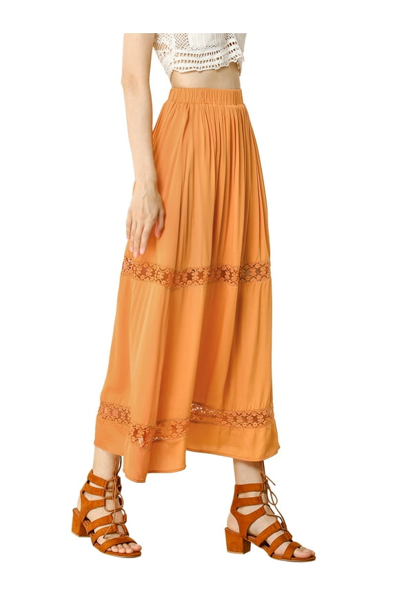 Junior's Fabric Lace Insert Swing Elastic Waist Maxi Skirt Orange XS