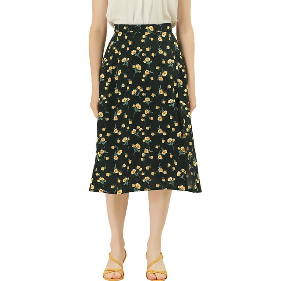 MODA NOVA Junior's Floral A-Line Flare Elastic Waist Midi Skirts Black M