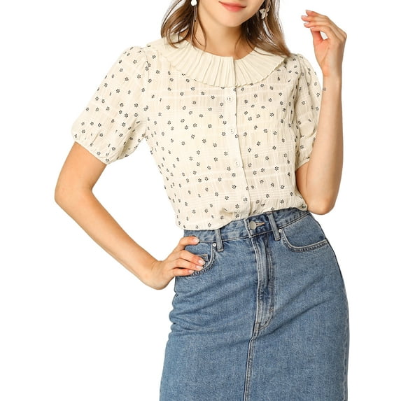 MODA NOVA Junior's Floral Blouse Pleated Collar Puff Short Sleeve Button Down Shirt Beige M