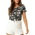 thumbnail image 1 of MODA NOVA Junior's Floral Crew Neck Short Sleeves Blouse Black XL, 1 of 6