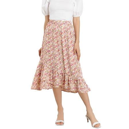 MODA NOVA Junior's Floral Fall Elastic Waist Ruffle High Low Hem Skirt