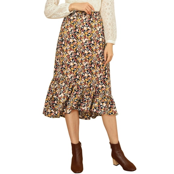 INSPIRE CHIC Women's Floral Fall Elastic Waist Ruffle High Low Hem Skirt