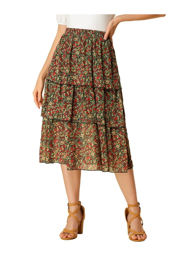 Junior's Floral Fall High Waist Ruffle Hem Tiered Midi Skirt Red 5