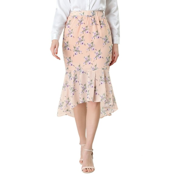 MODA NOVA Junior's Floral High-Low Ruffle Hem Midi Skirt Pink 11