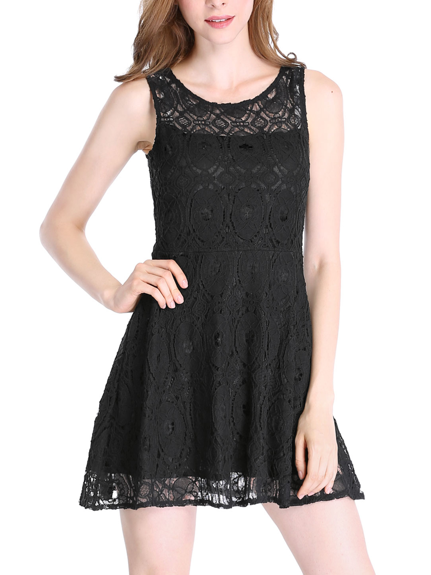 MODA NOVA Junior's Floral Lace Sleeveless Semi Sheer Flare Mini Dress Black L - image 1 of 6