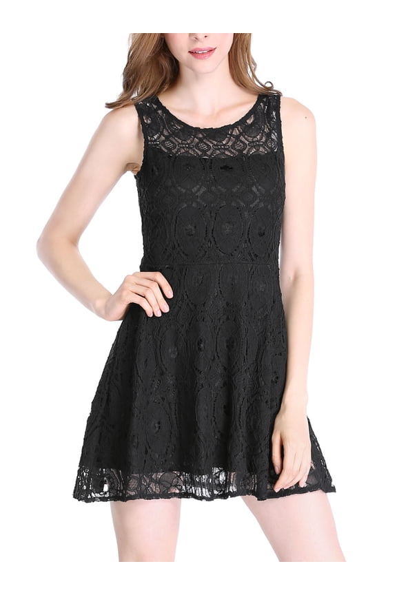 Junior's Floral Lace Sleeveless Semi Sheer Flare Mini Dress