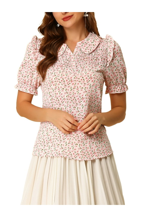 Junior's Floral Peter Pan Collar Smocked Puff Short Sleeve Ruffle Blouse