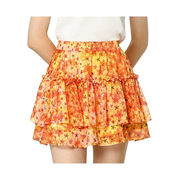 MODA NOVA Junior's Floral Print Elastic High Waist A-Line Mini Skirt Orange XL