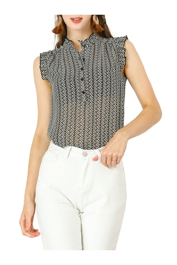 Junior's Floral Print Top Button Up Ruffle Sleeveless Blouse Black-White XXL