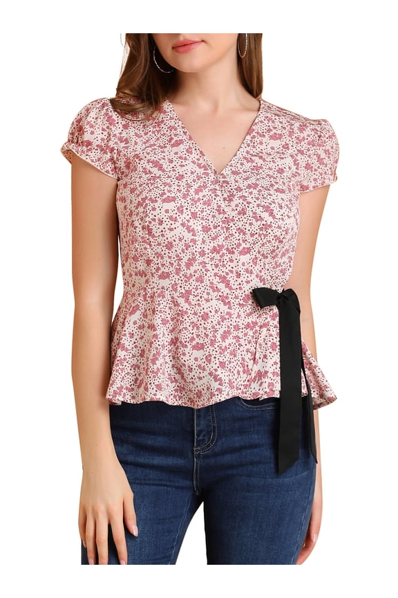 Junior's Floral Print V Neck Cap Sleeve Tie Waist Wrap Peplum Blouse Beige M