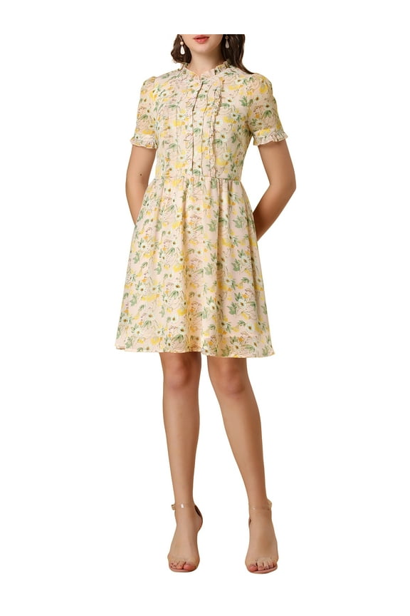 Junior's Floral Ruffle Decor Puff Sleeves Chiffon A-Line Dress