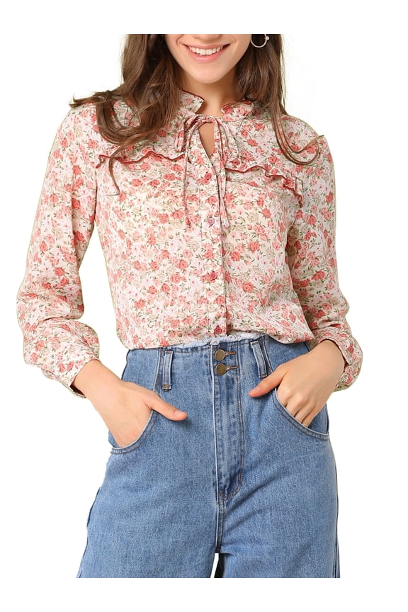 Junior's Floral Ruffle Neck Button Up Chiffon Blouse White XL