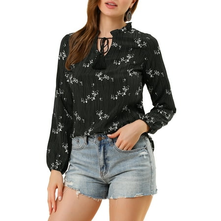 MODA NOVA Junior's Floral Ruffle Tie Keyhole Long Sleeve Blouse Black S