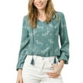 thumbnail image 1 of MODA NOVA Junior's Floral Ruffle Tie Keyhole Long Sleeve Blouse Dark Green M, 1 of 6