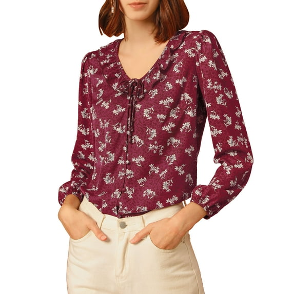 MODA NOVA Junior's Floral Ruffle Tie V Neck Button Down Blouse Plum M
