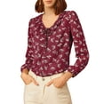 thumbnail image 1 of MODA NOVA Junior's Floral Ruffle Tie V Neck Button Down Blouse Plum S, 1 of 5