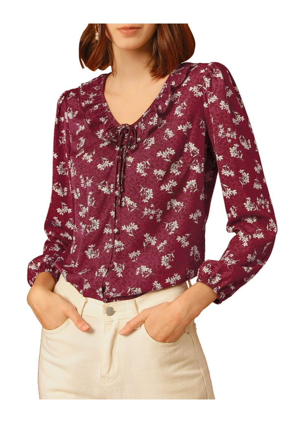 Junior's Floral Ruffle Tie V Neck Button Down Blouse Plum XS